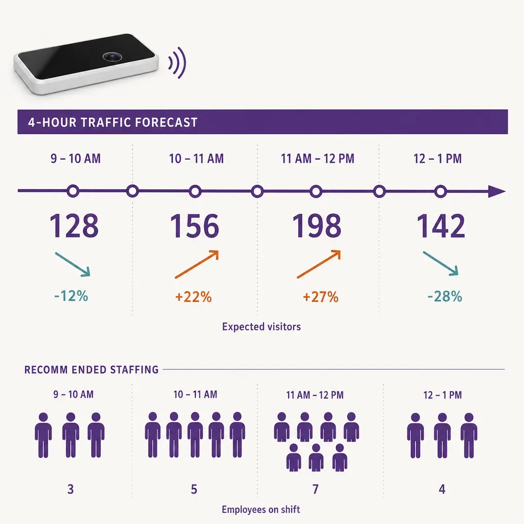 Infographic of a 4-hour timeline with visitor traffic trend arrows and corresponding employee icons showing dynamic staff sch