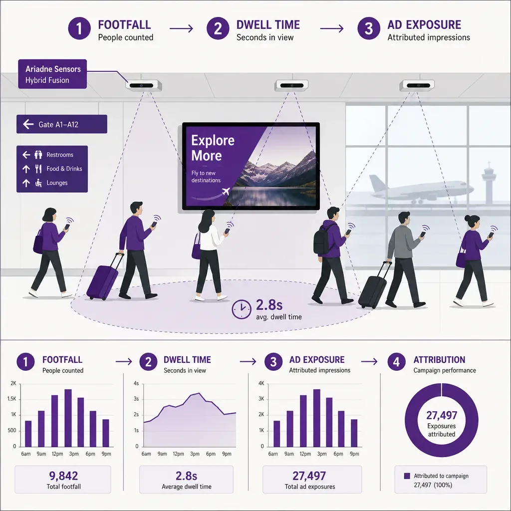 Flache Vektorinfografik zeigt Passagierfluss im Flughafen und digitale Werbung mit Besucherzahlen, Verweildauer, Reichweite