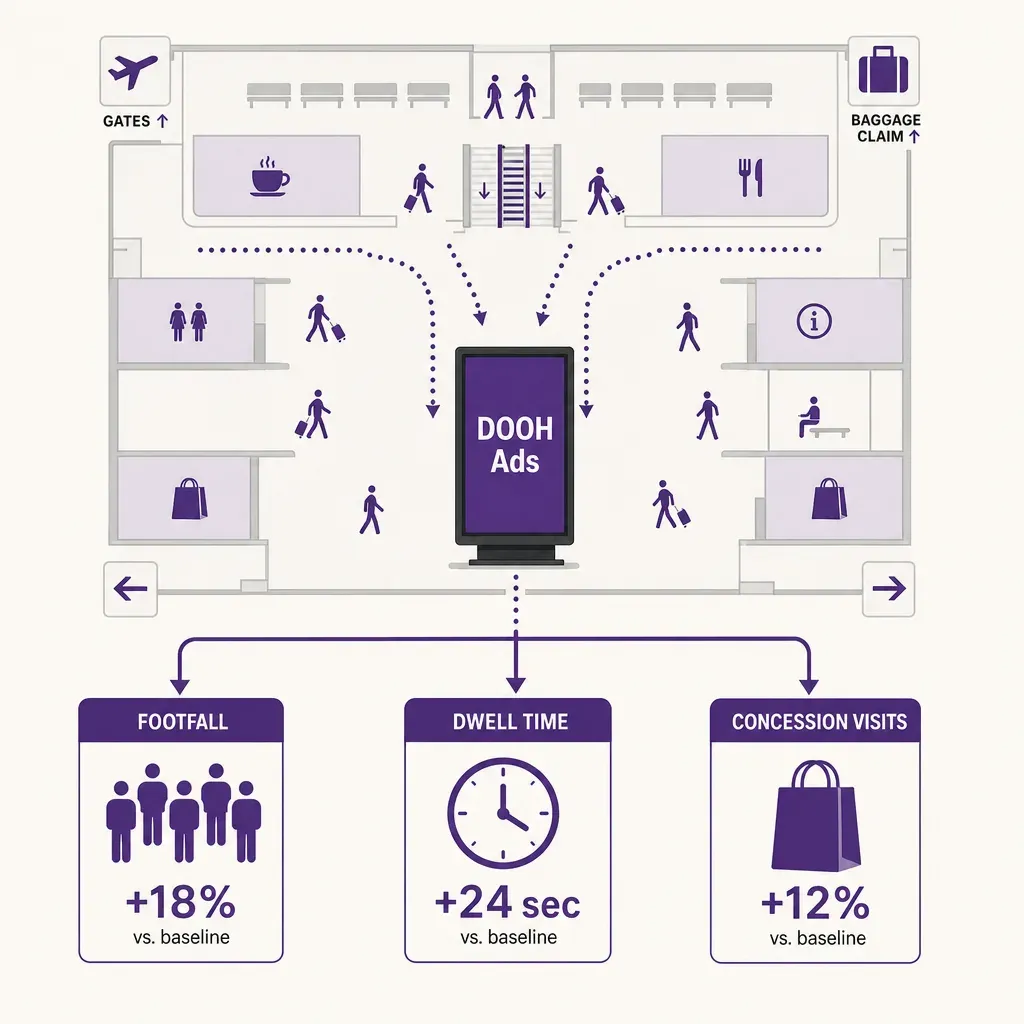 Infografik zur digitalen Werbung im Flughafen verknüpft Bildschirme mit Besucherzahlen, Verweildauer und Besucherfrequenz
