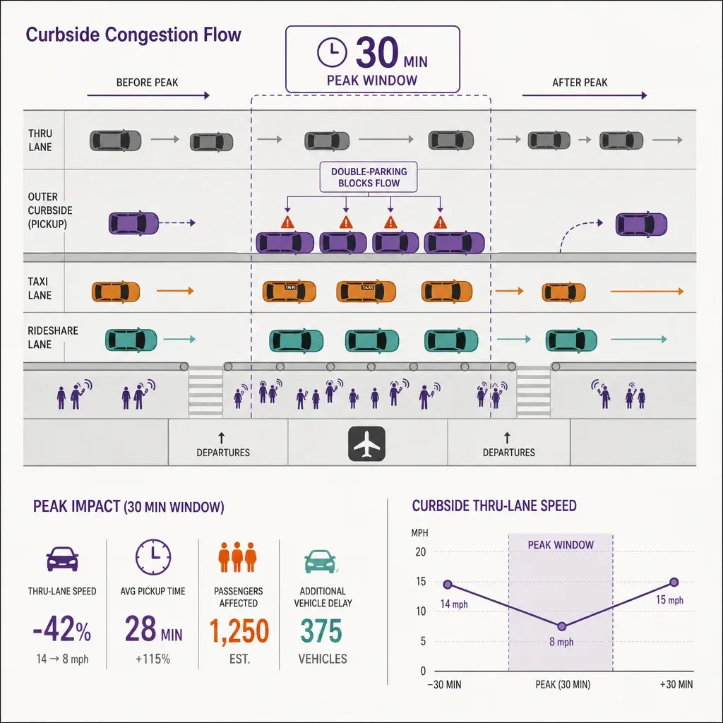 flat infographic showing airport curbside layout with vehicles, passengers, and buses illustrating a 30-minute congestion win