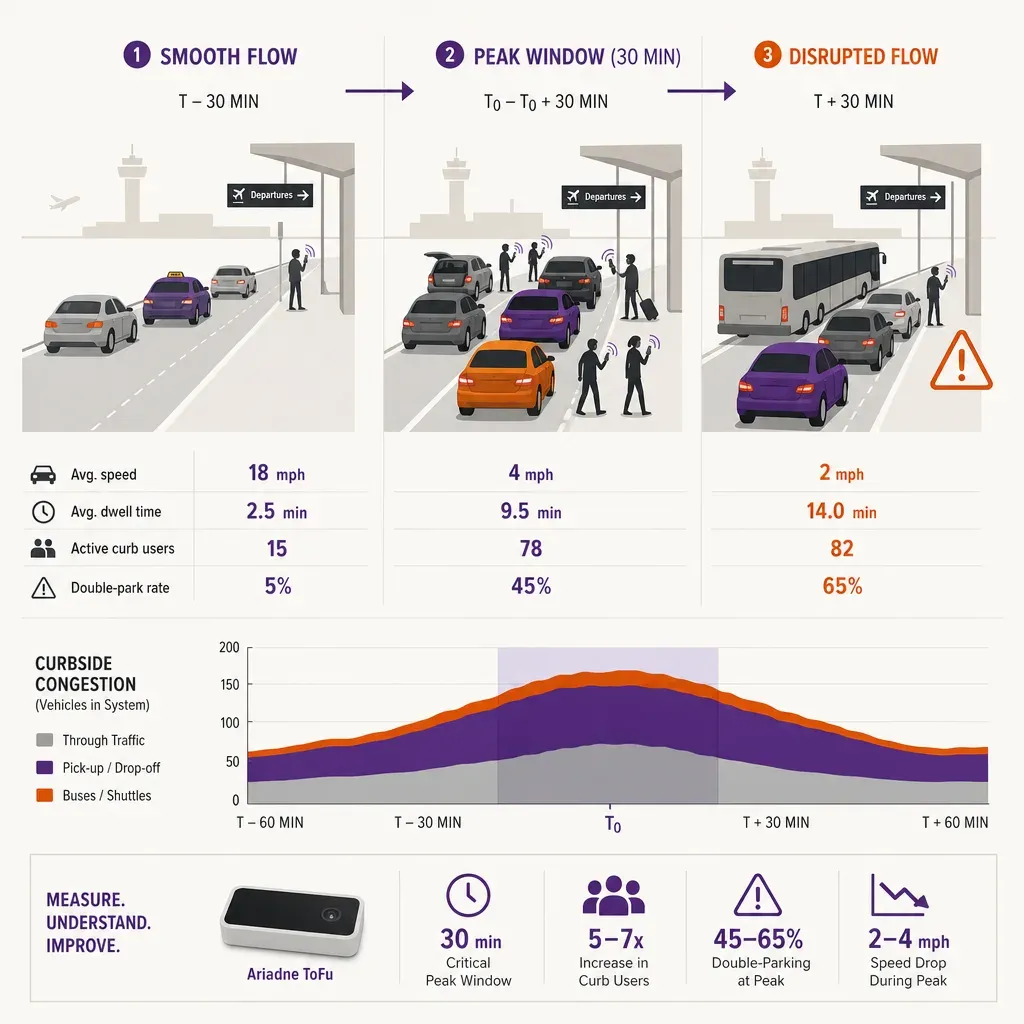 infographic illustrating airport curbside congestion progression from smooth flow to peak 30-minute congestion causing vehicl