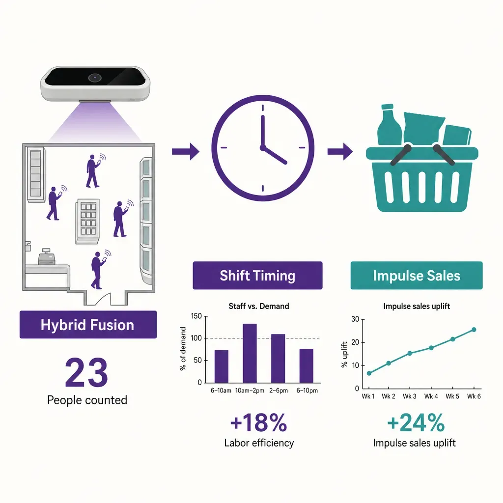 infographic with icons of people counting sensor, clock, and shopping basket showing how traffic data guides staffing and boo