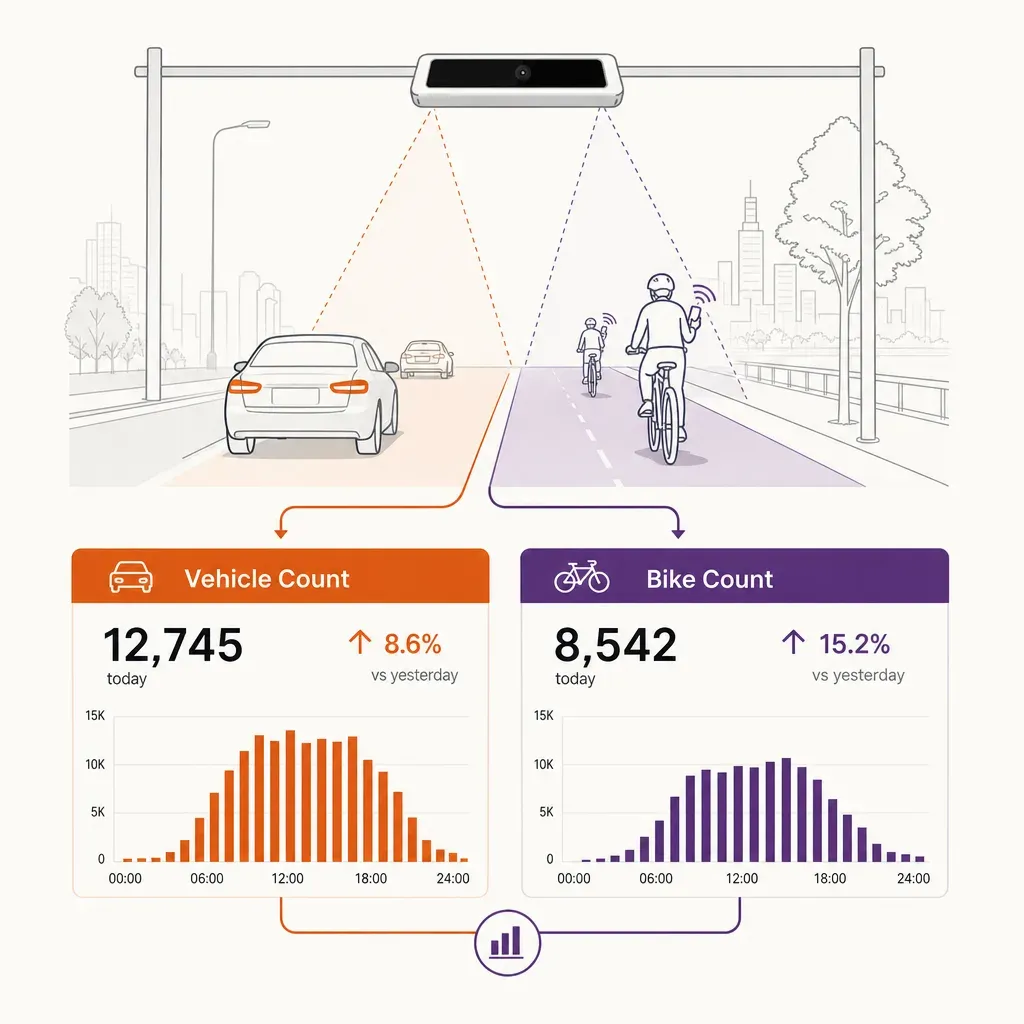 colorful infographic comparing vehicle and bike counts with icons and flow arrows representing cycle path sensor data collect