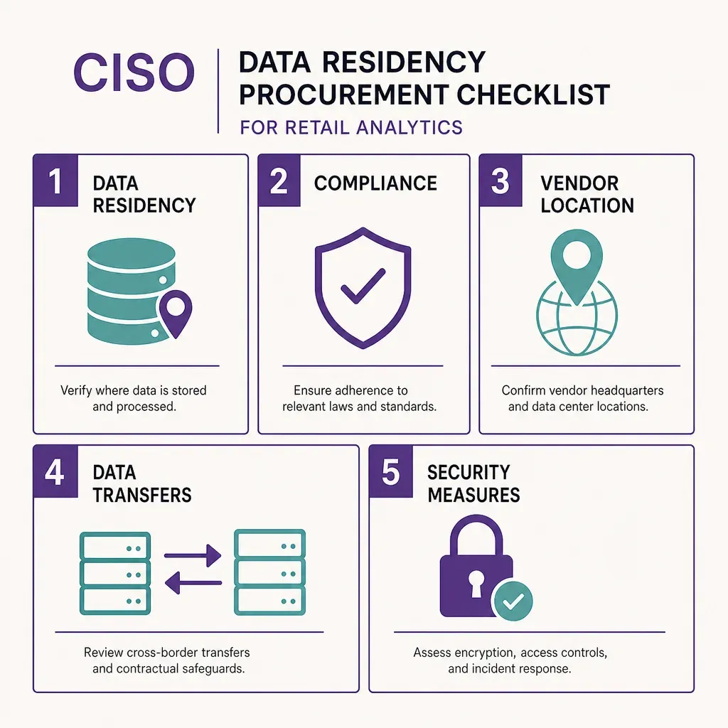 Vector infographic of a CISO procurement checklist for retail analytics showing icons for compliance, data residency, vendor 