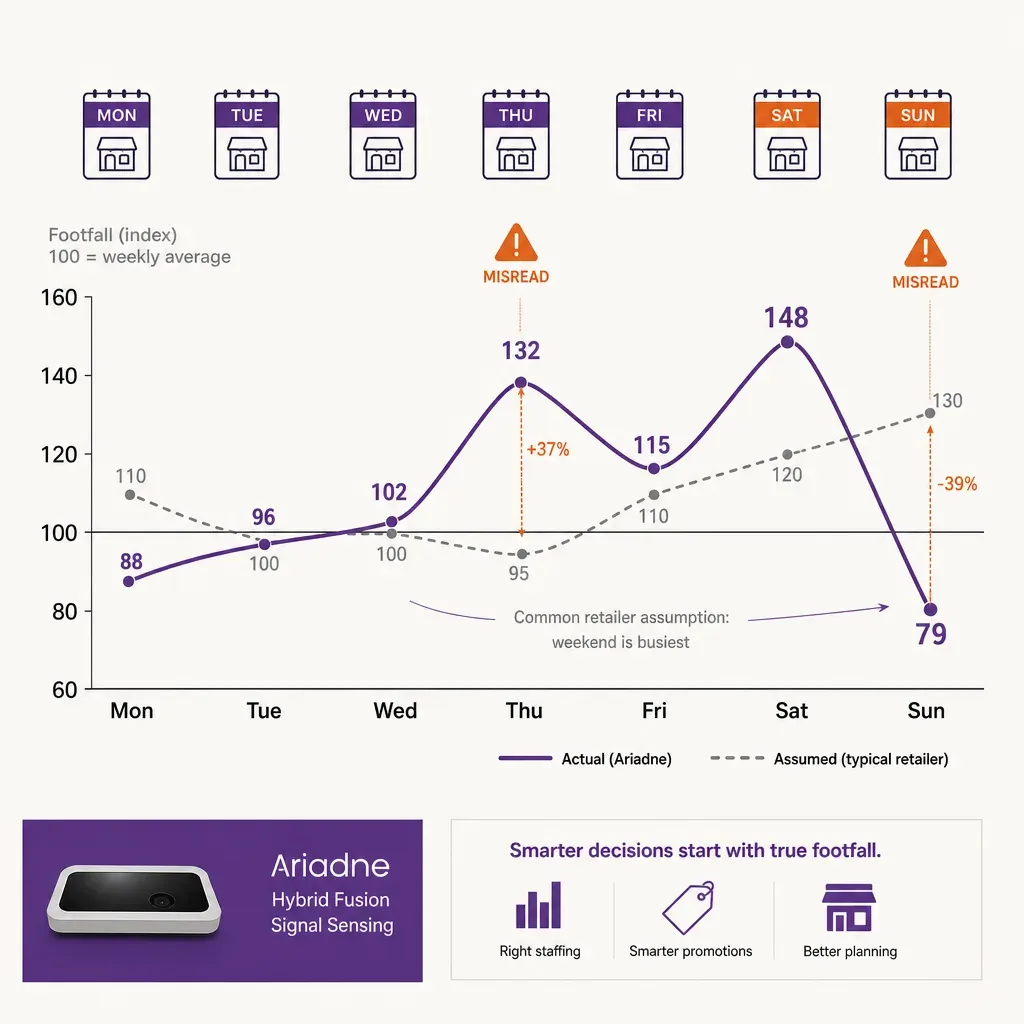 infographic line graph of weekly footfall with day icons and markers showing common misread days by retailers