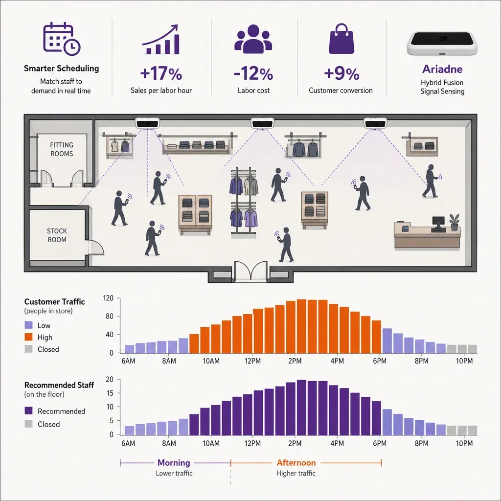 Flat vector infographic showing retail labor demand varying by time with icons for clock, staff, customer queue, and a timeli