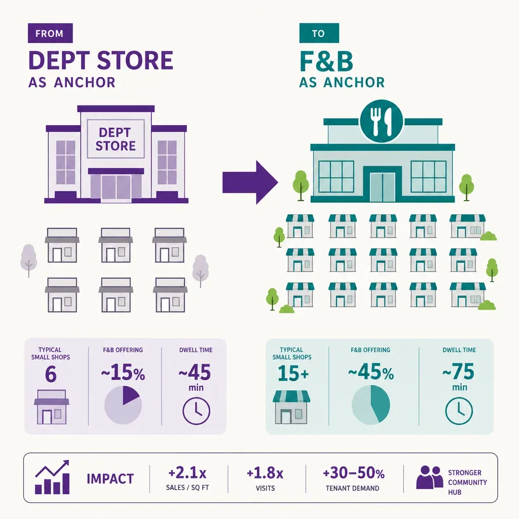 Infographic showing mall layout shift from department store anchor to food and beverage anchor with footfall and rent compari