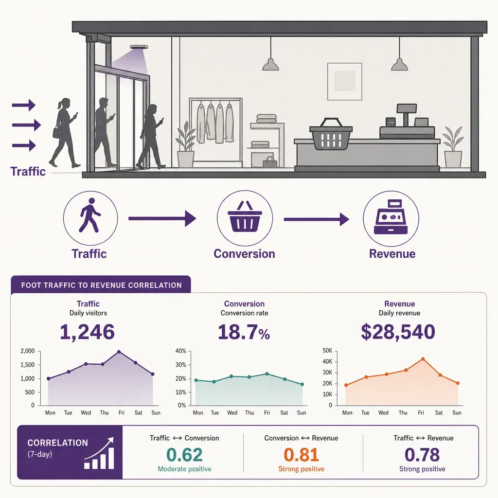 flat vector infographic showing flow from store foot traffic to conversion to revenue with noise overlay in a retail setting