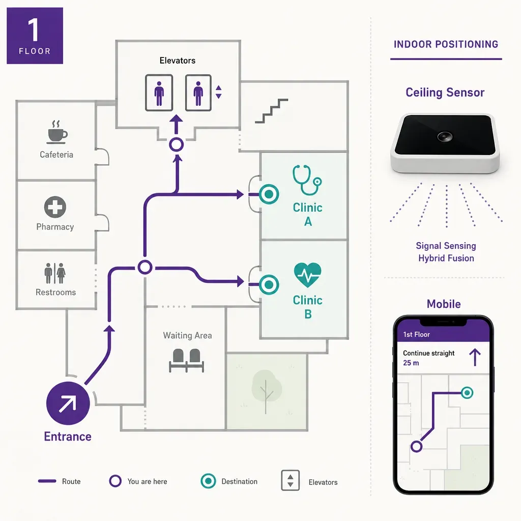 flat infographic of hospital indoor wayfinding flow with positioning sensors and arrows guiding from entrance to clinic