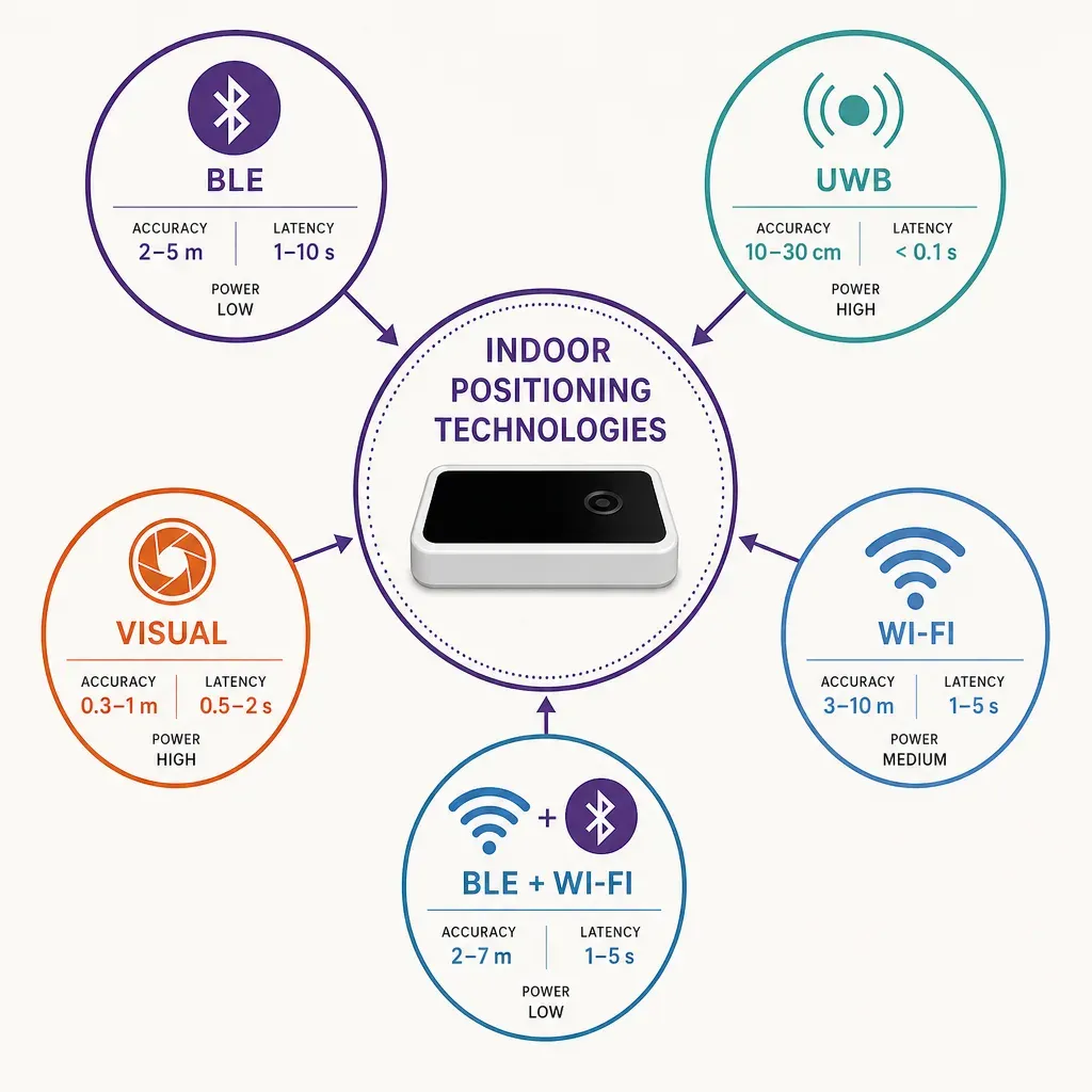 flat vector infographic showing icons for BLE, UWB, visual, Wi-Fi, and combined signal pattern technologies linked to an indo