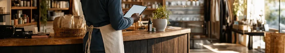 a store owner reviewing shop performance on a tablet at the counter