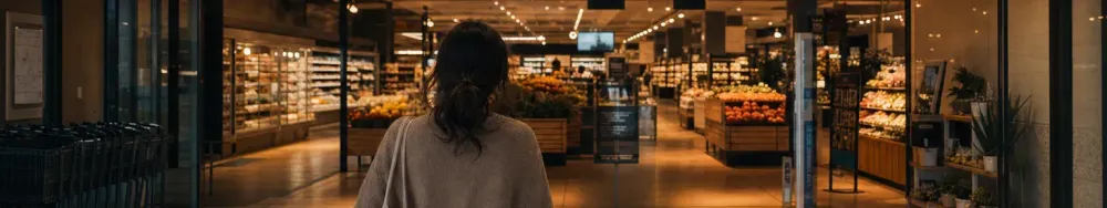 Shopper entering a supermarket with a small ceiling-mounted people-counting sensor visible overhead in warm evening light
