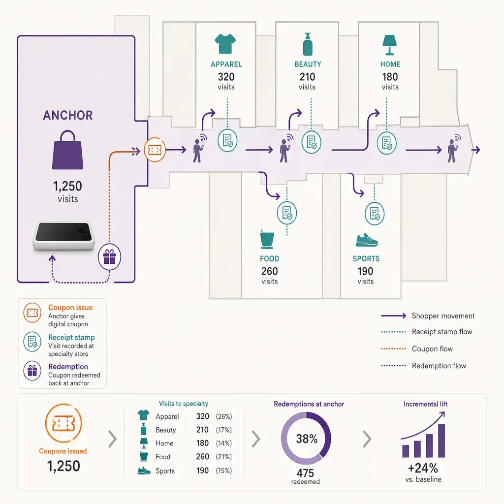 Infographic diagram showing shopper movement and coupon flow from anchor tenant to specialty tenants in a mall cross-promotio