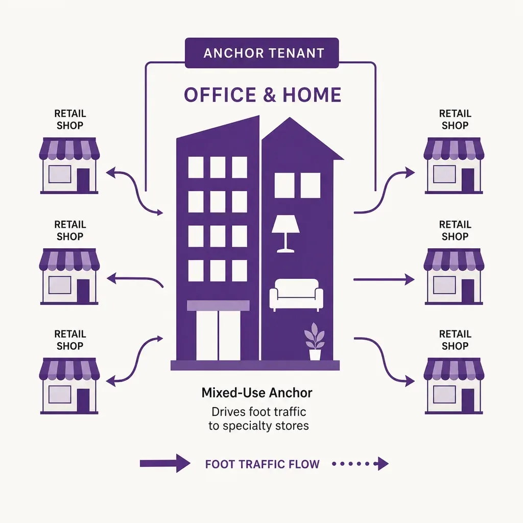infographic showing mixed-use office and residential anchor tenant driving foot traffic to surrounding retail shops in a shop