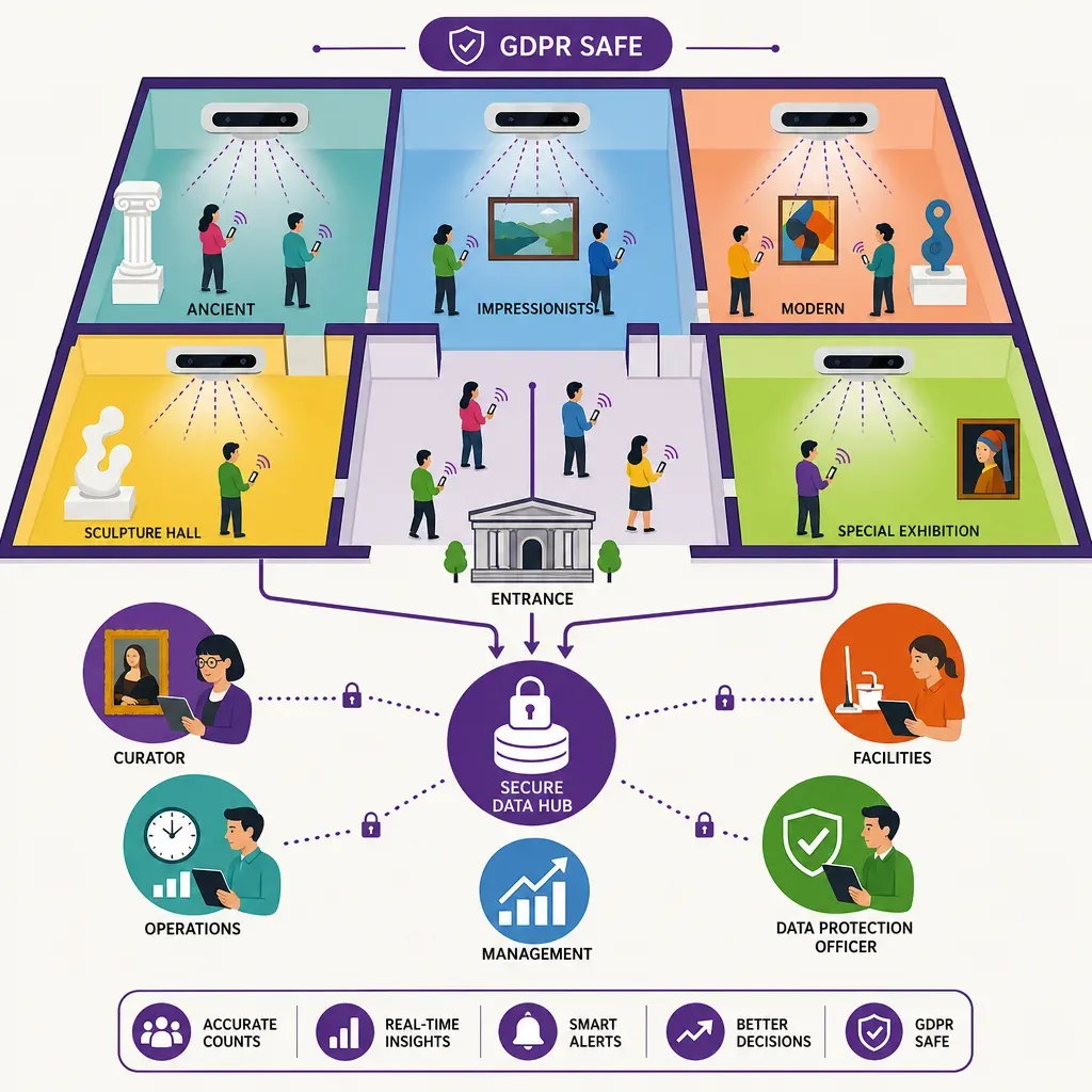 Infografik mit Museumszonen und Decken-Sensoren, die Daten an sicheren Hub für Kuratoren, Betrieb und Förderer liefern
