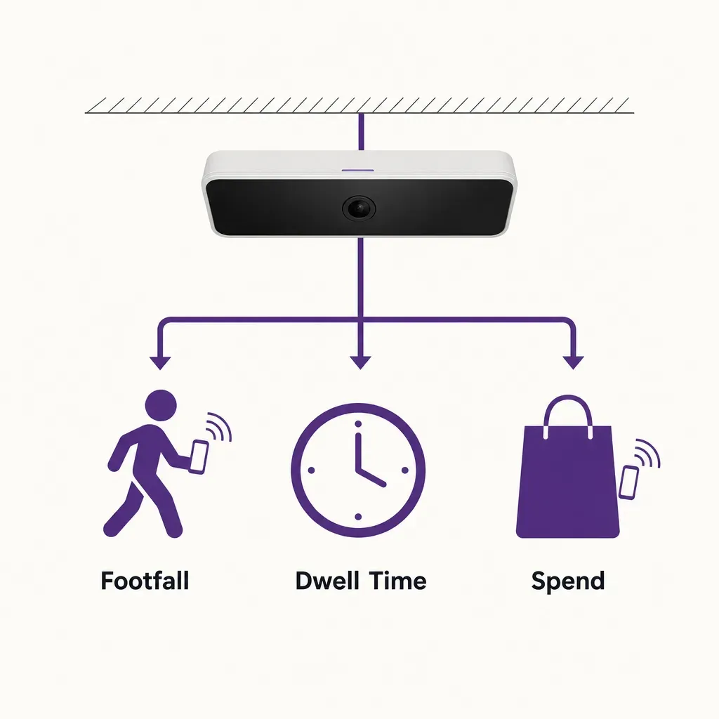 infographic showing a ceiling-mounted people-counting sensor connected to icons for footfall, dwell time, and spending as key