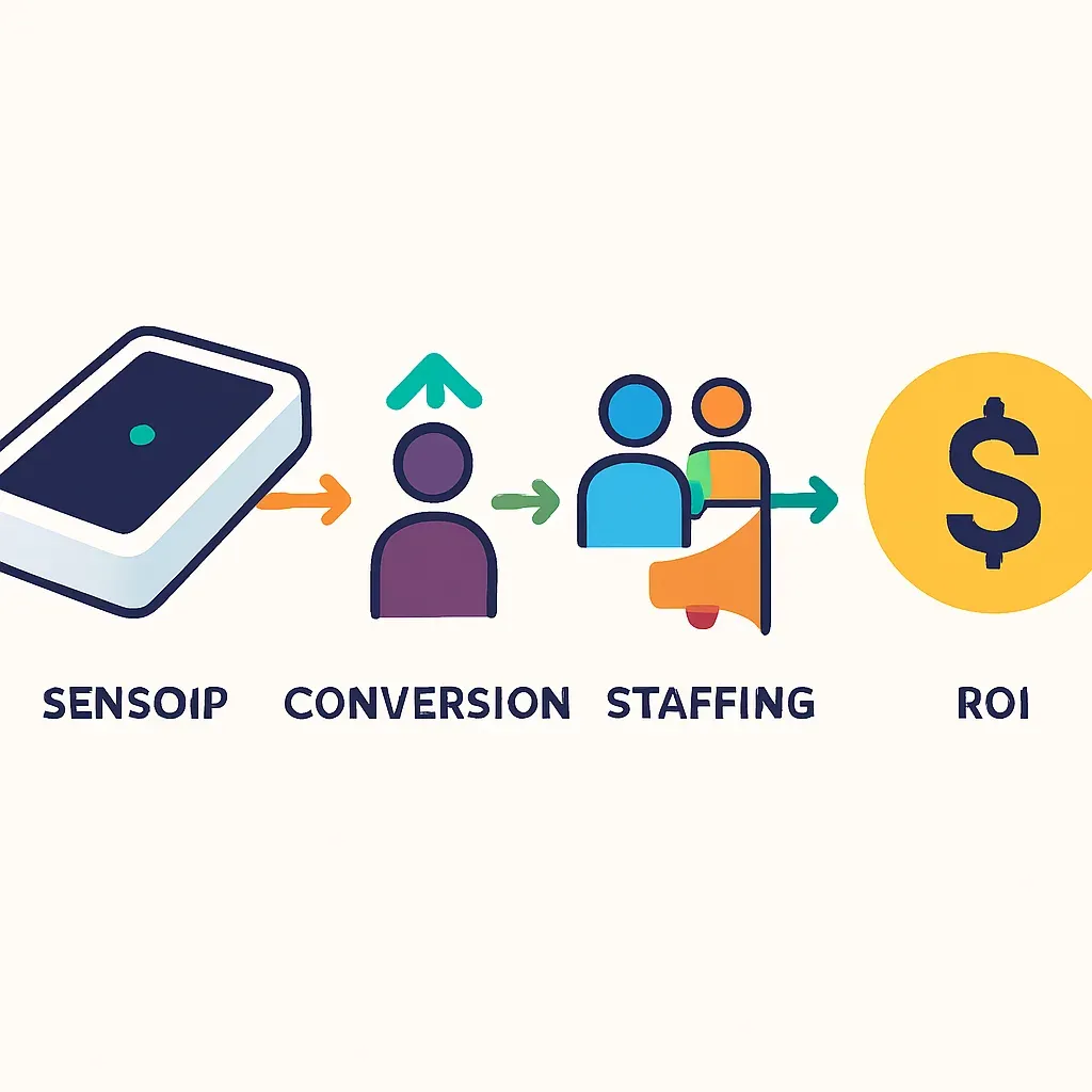 Infografik zeigt Personenzähler, der Daten an Symbole für Conversion, Personaleinsatzplanung und Kampagnen liefert, führt zu