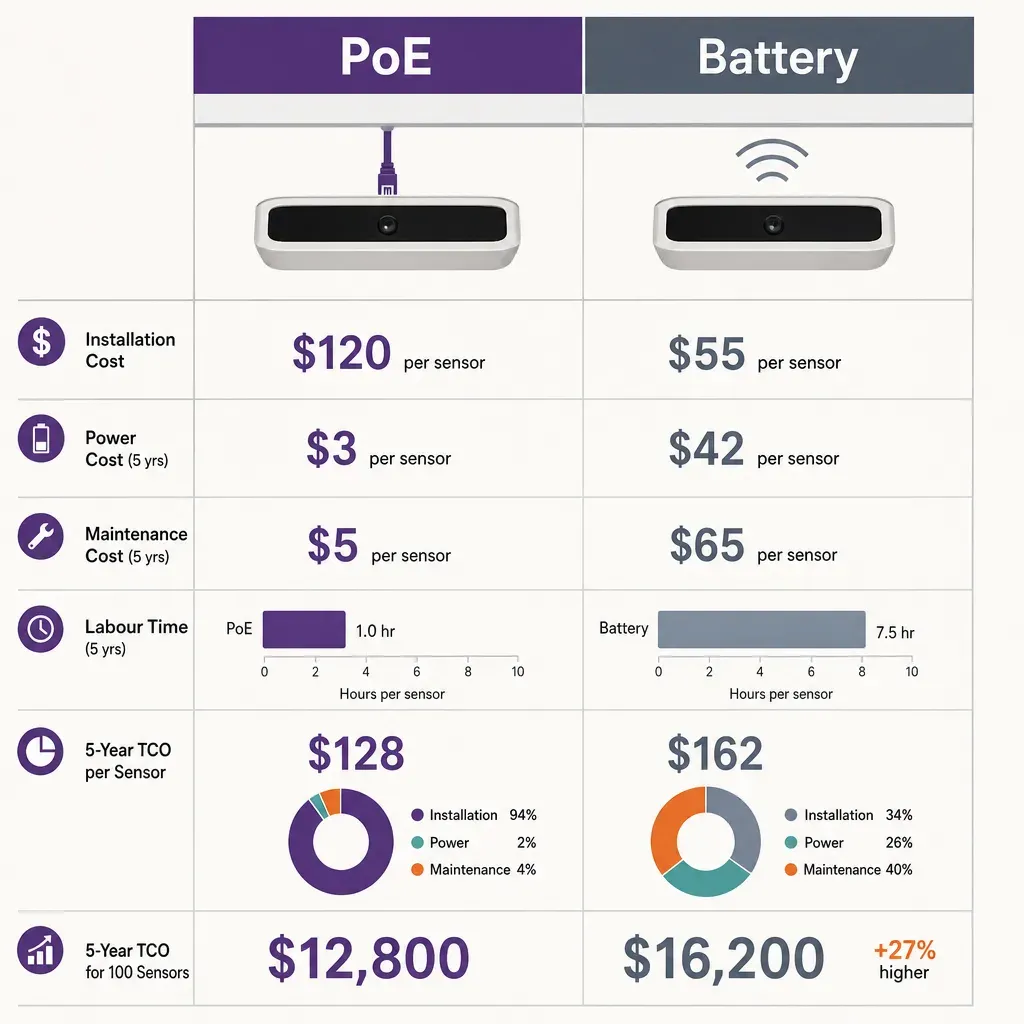 infographic comparing PoE and battery-powered people counters showing installation, maintenance, uptime, and 5-year project c