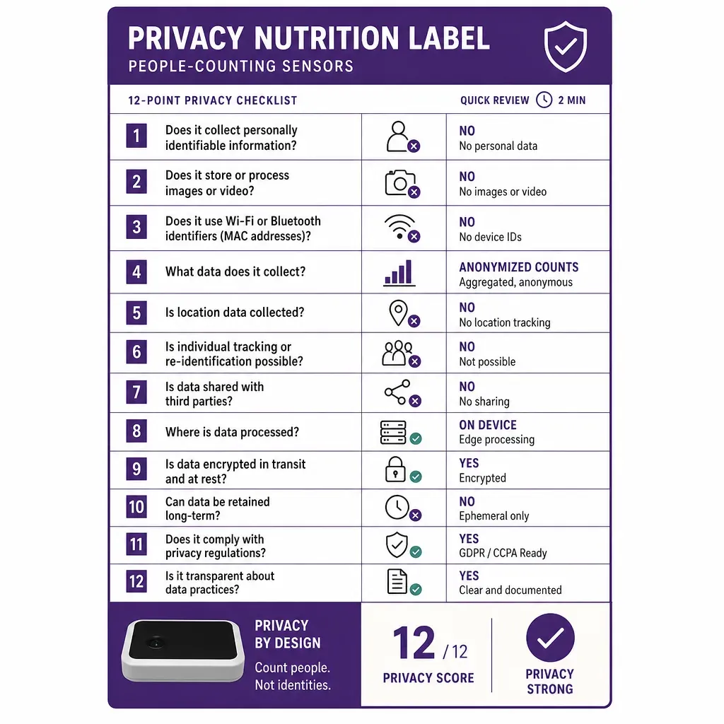 Infographic of a privacy nutrition label checklist for sensors with icons representing data types, compliance, and quick revi