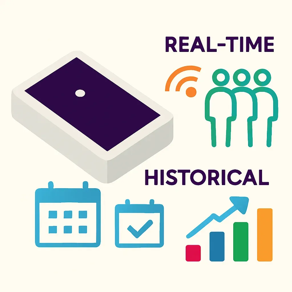 infographic comparing real-time and historical people counting with icons for live data, queue, calendar, and charts in brigh