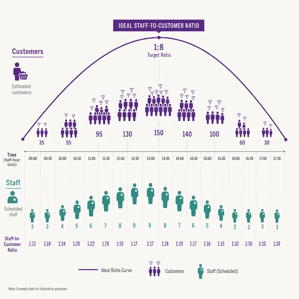 infographic showing staff and customer counts by half-hour with an inverted U curve illustrating staff-to-customer ratio in r