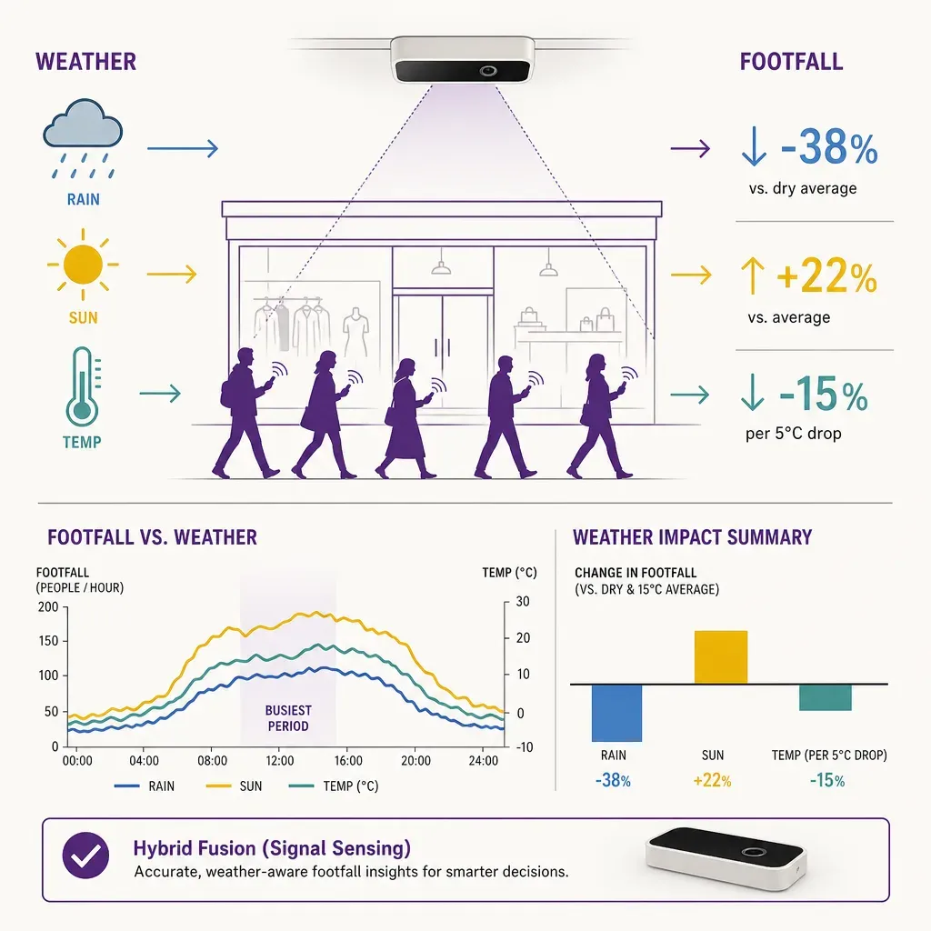 infographic showing weather icons linked to footfall variations measured by ceiling-mounted people-counting sensors with oper