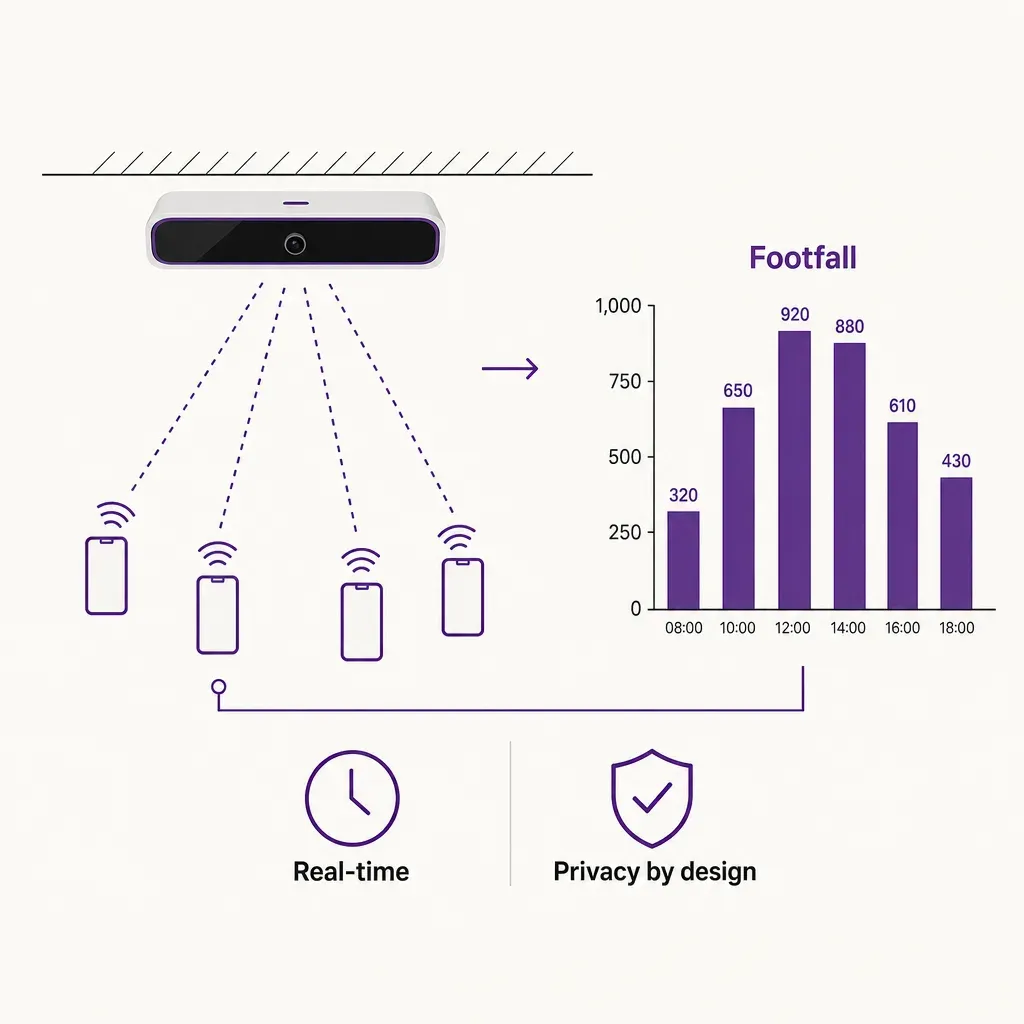 Infographic showing Wi-Fi probe sniffing sensor detecting phone signals and translating them into footfall counts with privac