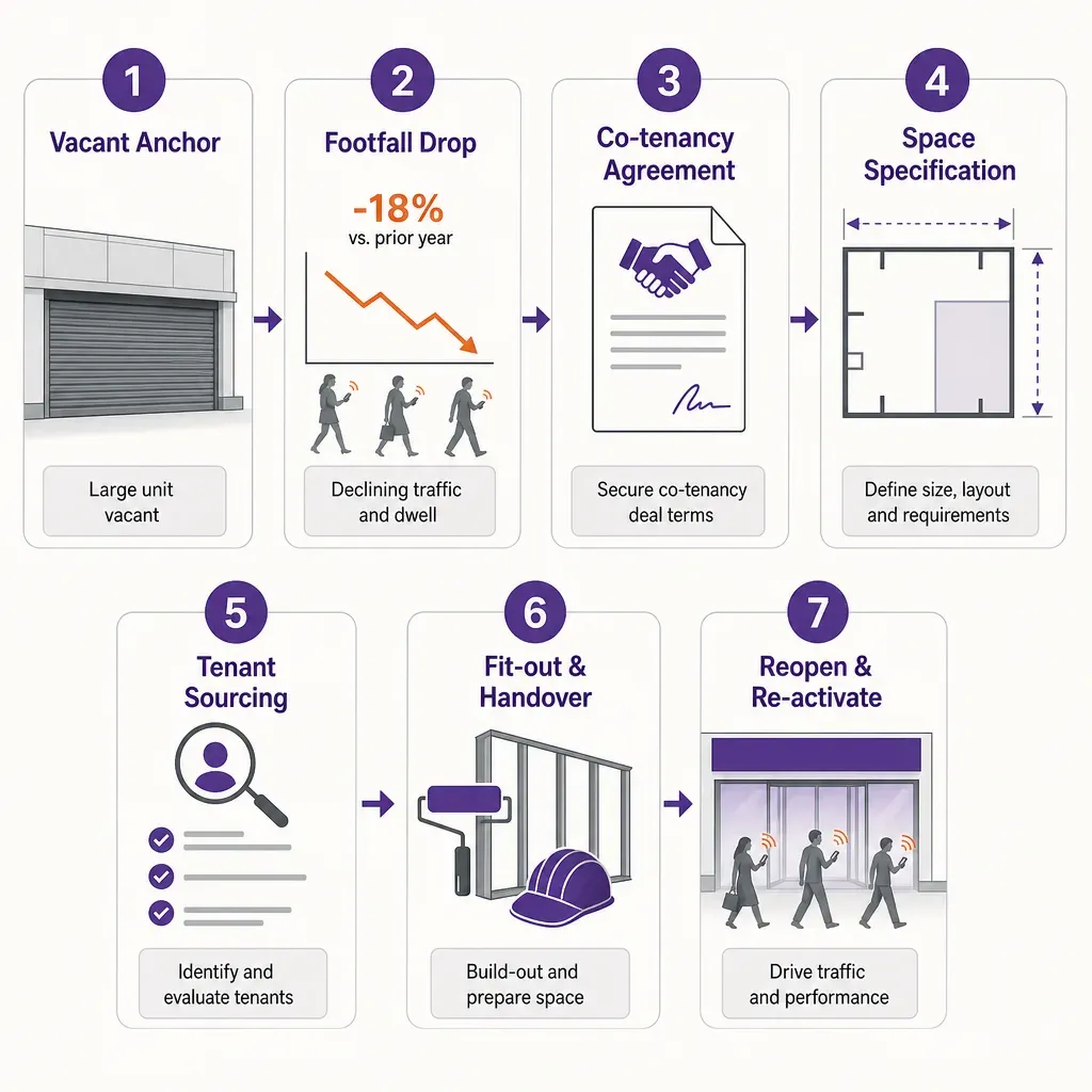Infografik-Flussdiagramm mit sieben Schritten zum Austausch eines Ankermieters im Einkaufszentrum