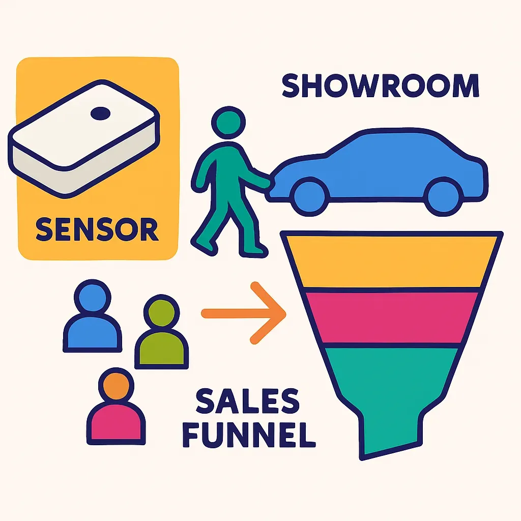 flat vector infographic illustrating car showroom footfall measurement with sensors feeding into sales funnel steps