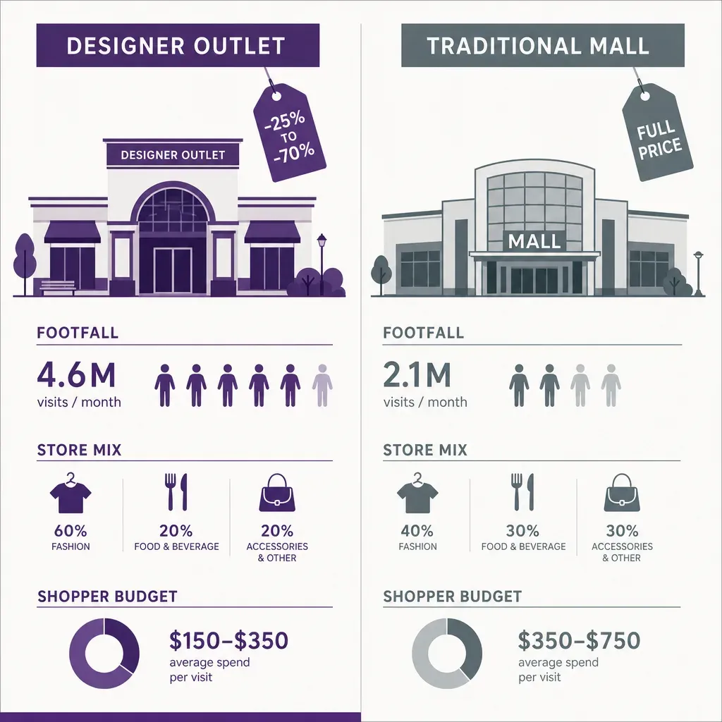 Infografik nebeneinander vergleicht Designer Outlet und Einkaufszentrum mit Symbolen für Rabatt, Vollpreis, Besucherzahlen