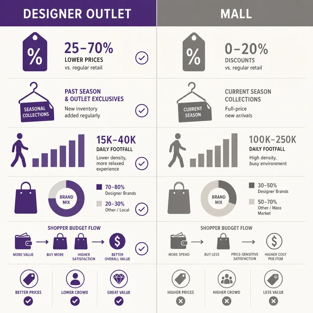 Flache Vektor-Infografik vergleicht Designer Outlet und Einkaufszentrum mit Symbolen für Preis, Besucherzahlen, Marken und
