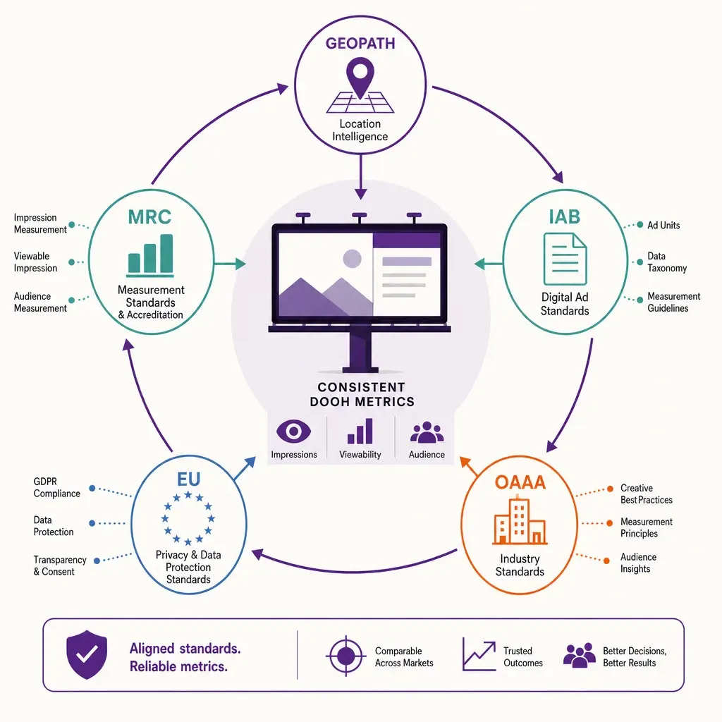 Vektorinfografik mit digitalem Werbebildschirm und Symbolen für fünf DOOH-Messstandards, verbunden durch Pfeile