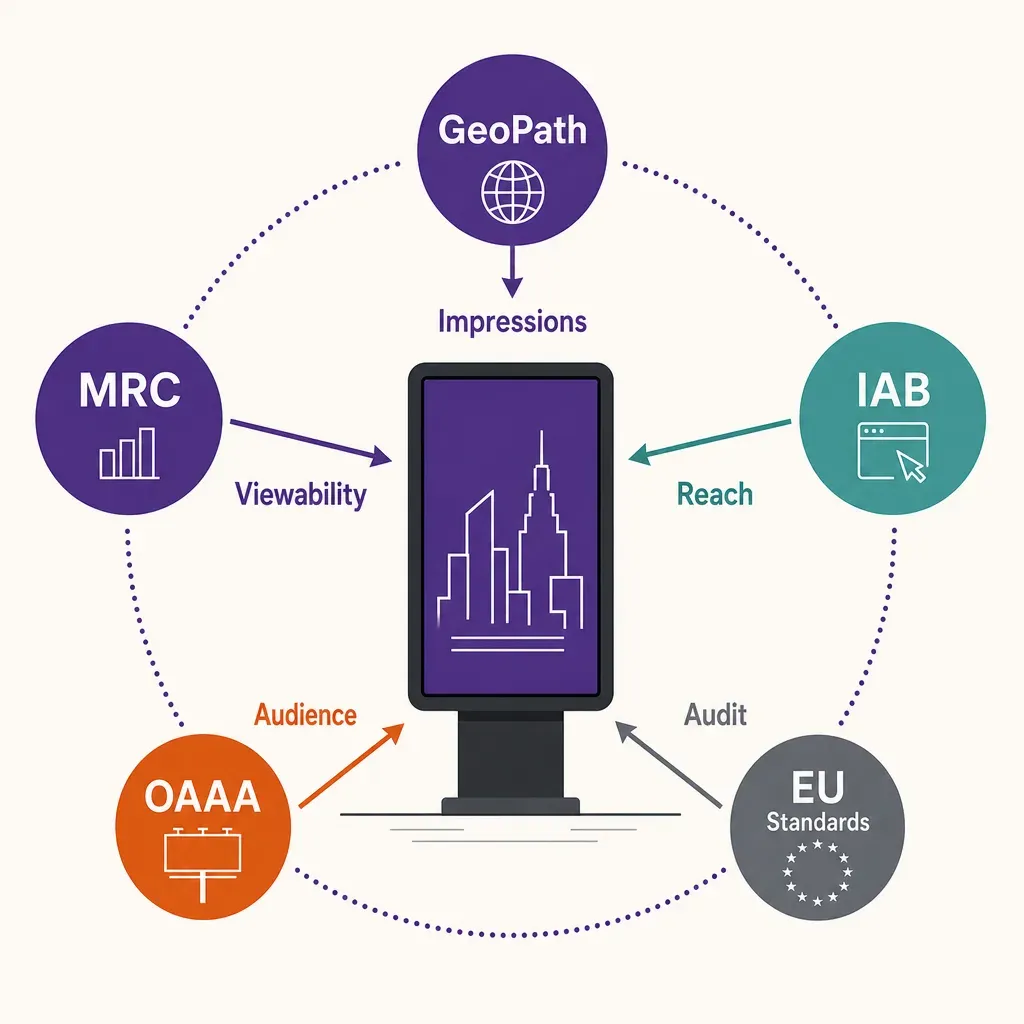 Diagramm zeigt Digital Signage verbunden mit verschiedenen DOOH-Messstandards und wichtigen Kennzahlen wie Impressionen und