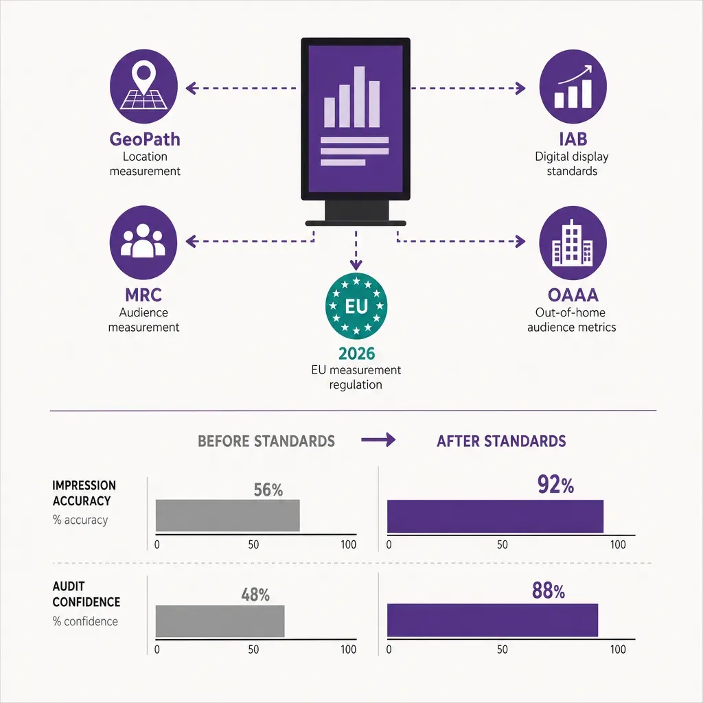 Infografik von Digital Signage mit DOOH-Messstandardsymbolen und Balkendiagramm zu verbesserten Impressionen und Reichweite