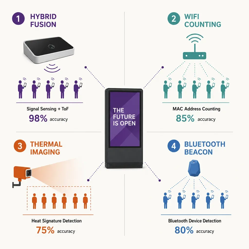 Infografik mit vier DSGVO-konformen Methoden der Personenzählung für Digital-Out-of-Home-Bildschirme mit einfachen Symbolen
