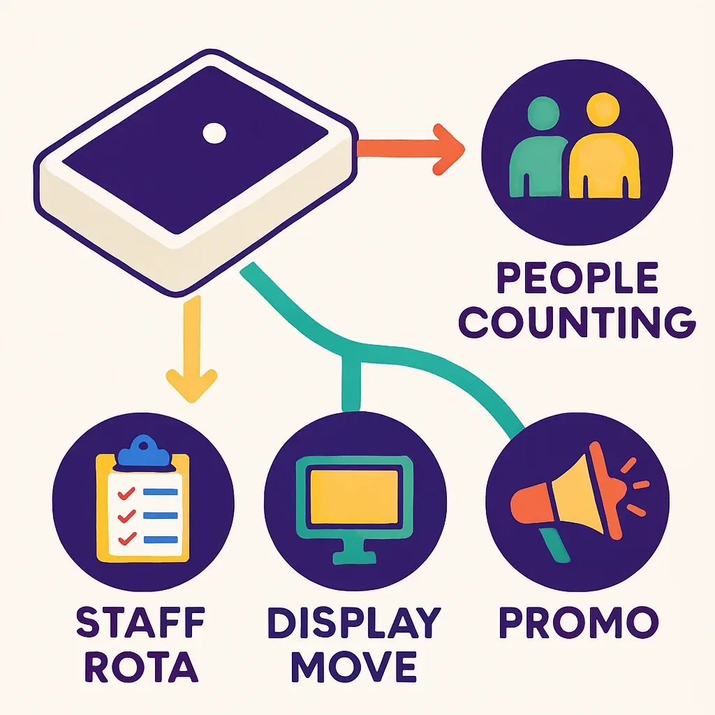 Infographic flowchart showing people-counting sensor data leading to actionable steps like staff rota, display move, and prom