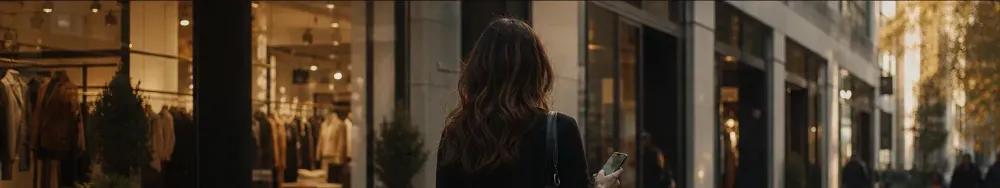 A shopper walking past a modern retail storefront on an urban high street, phone held loosely in hand, mid-stride