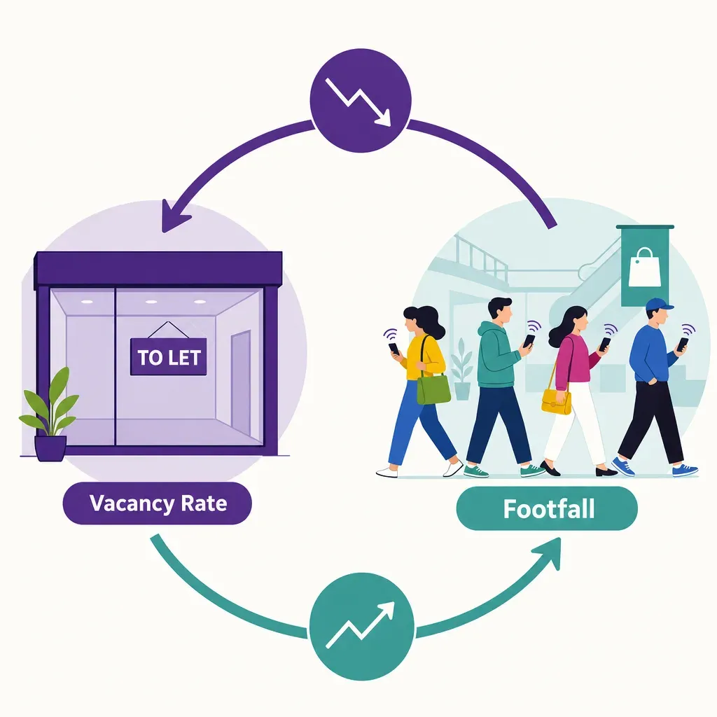 infographic showing a circular feedback loop between mall vacancy rate and footfall with labeled icons and arrows