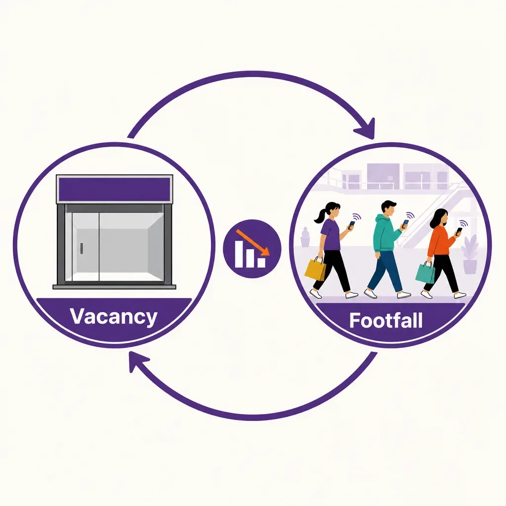 infographic showing cyclical relationship between mall vacancy rate and footfall using simple icons and arrows