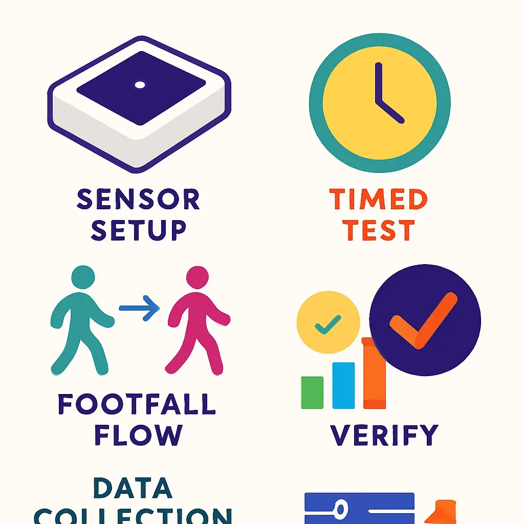 Infografik mit fünf Schritten zur Überprüfung der Genauigkeit der Personenzählung: Sensorinstallation, zeitgesteuerter Test