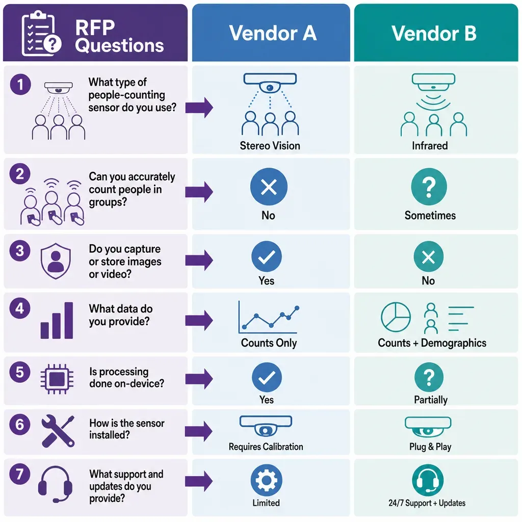 infographic comparing people-counting RFP questions with differing vendor answers side by side using icons and color-coded hi