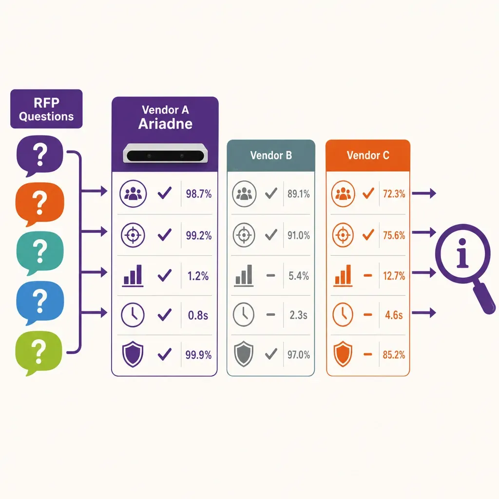 Infographic showing how specific RFP questions lead to comparable vendor answers for people-counting systems