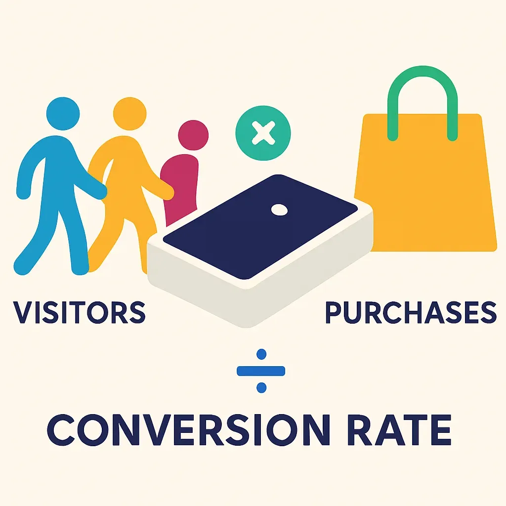Infografik zur Berechnung der Conversion Rate im Einzelhandel mit Personenzähler, der Besucher und Käufe erfasst