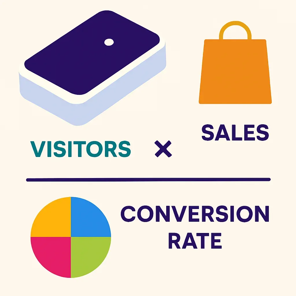 Infografik zur Formel der Conversion Rate mit Symbolen für Besucherzählung, Verkäufe und Conversion Rate
