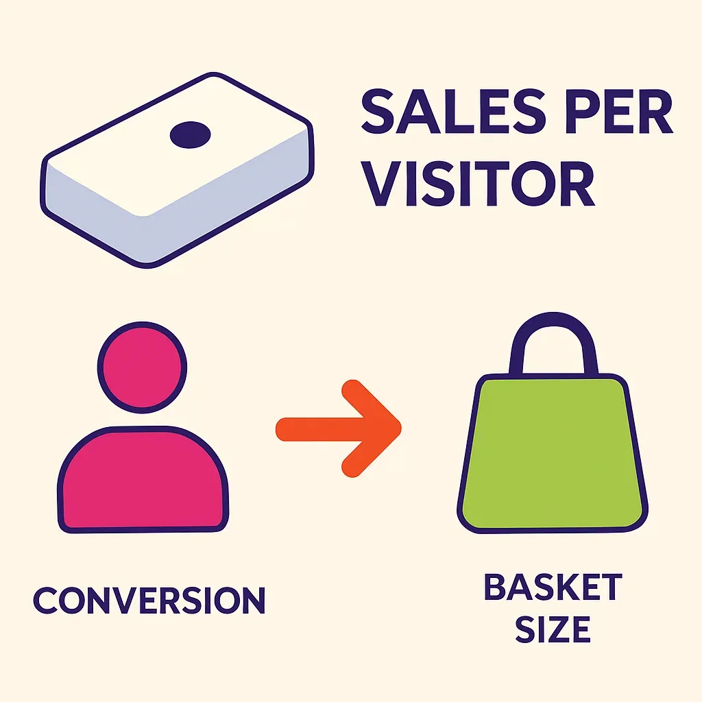flache Vektorinfografik zeigt Verkaufskennzahl pro Besucher mit Personenzähler, Conversion Rate und Warenkorbgröße